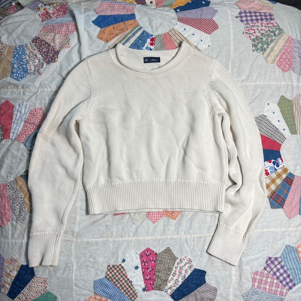 Gap Womens Small Petite Cream Shaker Stitch Cotton Knit Crewneck Sweater Boxy